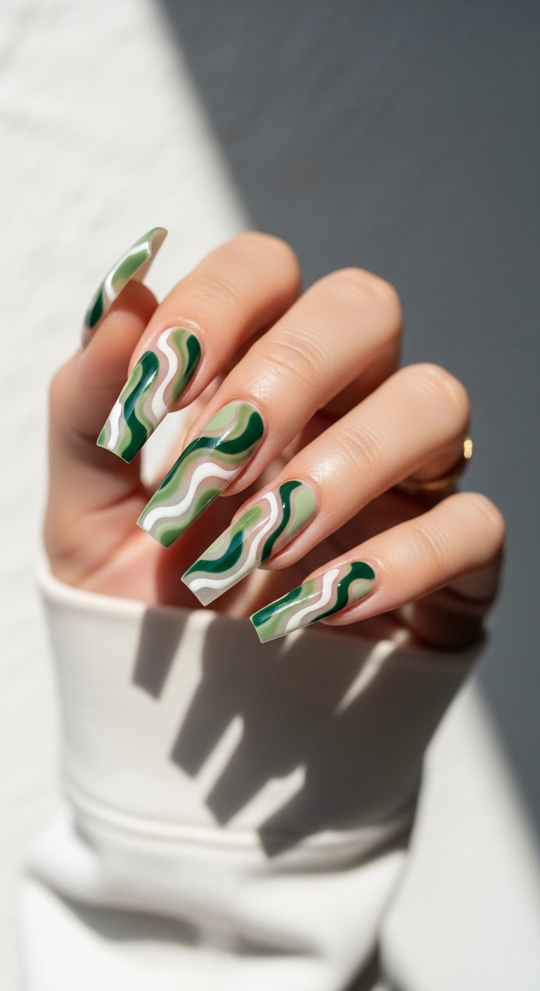 Abstract swirl nail art with different shades of green and white