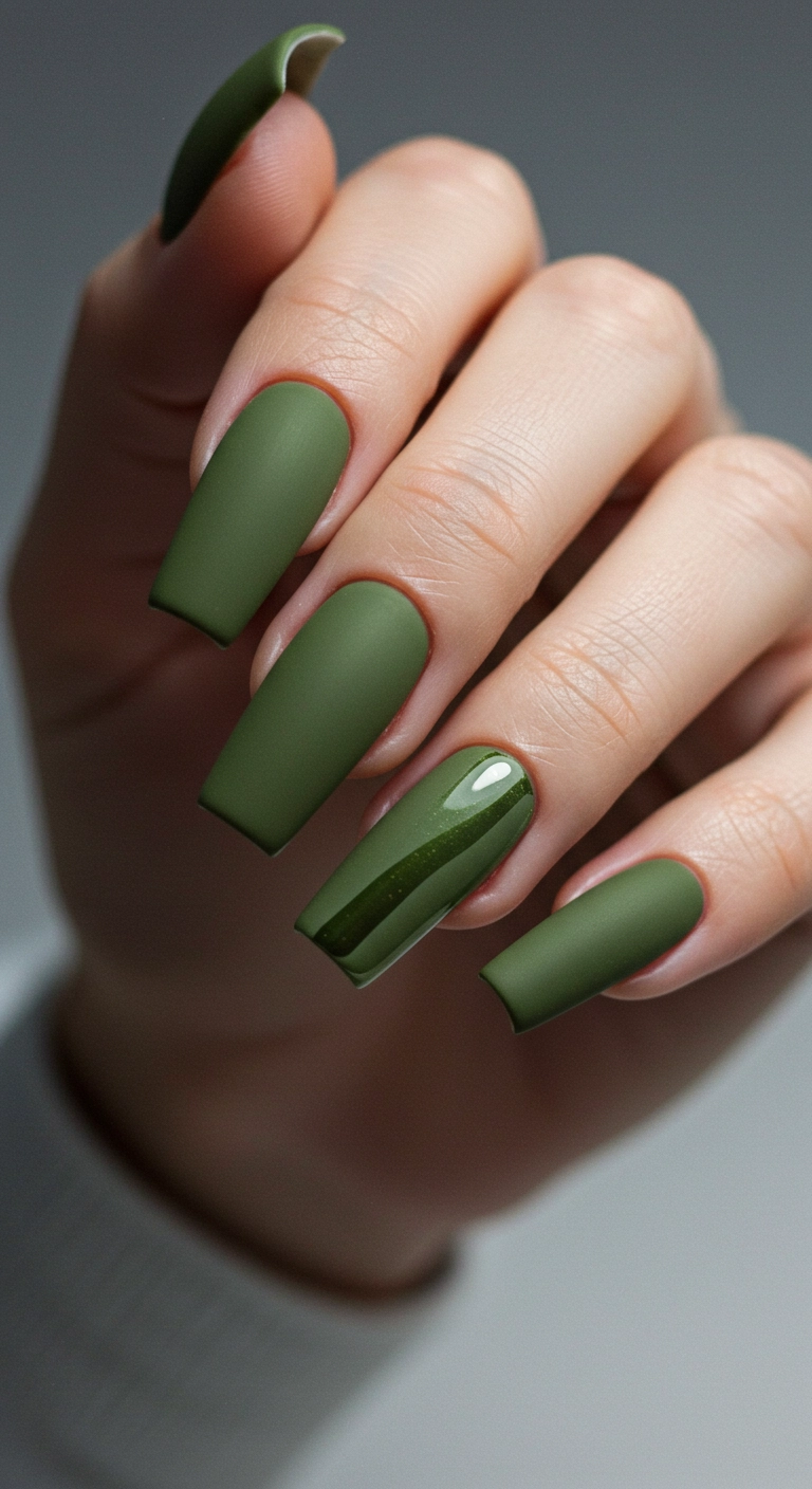 Olive green nails with a matte finish and glossy tips