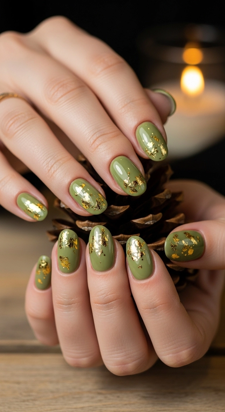 Olive green nails with scattered gold foil accents