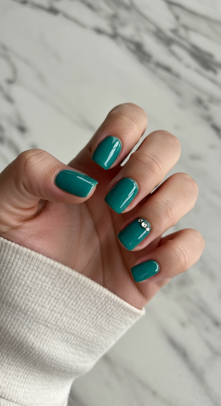 Teal green nails with a single tiny rhinestone at the base of each nail