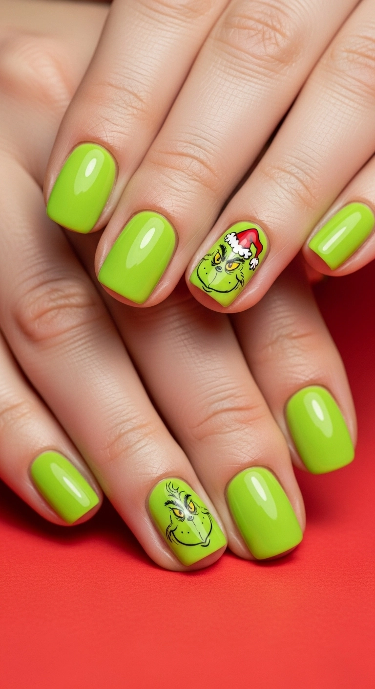 Bright lime green nails with a Grinch face accent nail