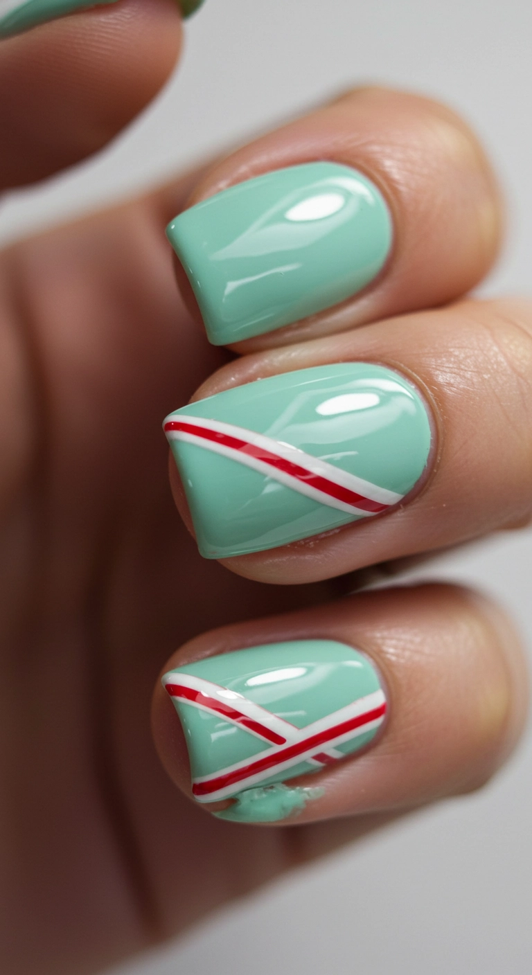 Mint green nails with red and white peppermint candy cane stripes