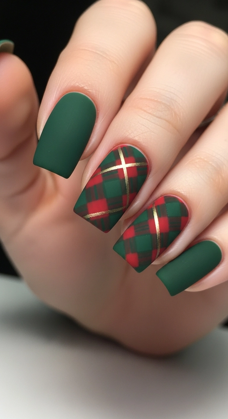 Close-up of a nail with a green, red, and gold plaid pattern