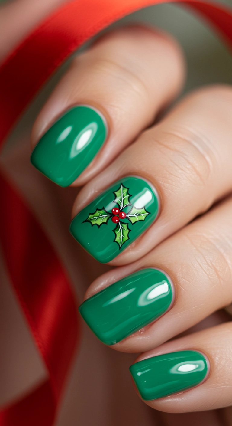 Kelly green nails with a hand-painted holly accent nail