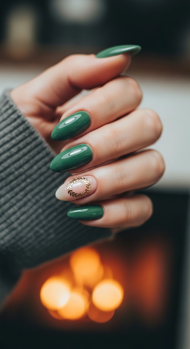 Hunter green nails with a minimalist gold wreath accent nail