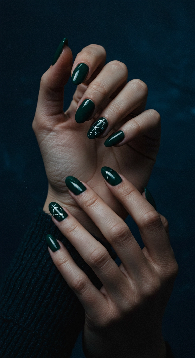 Dark green nails with delicate silver constellation nail art