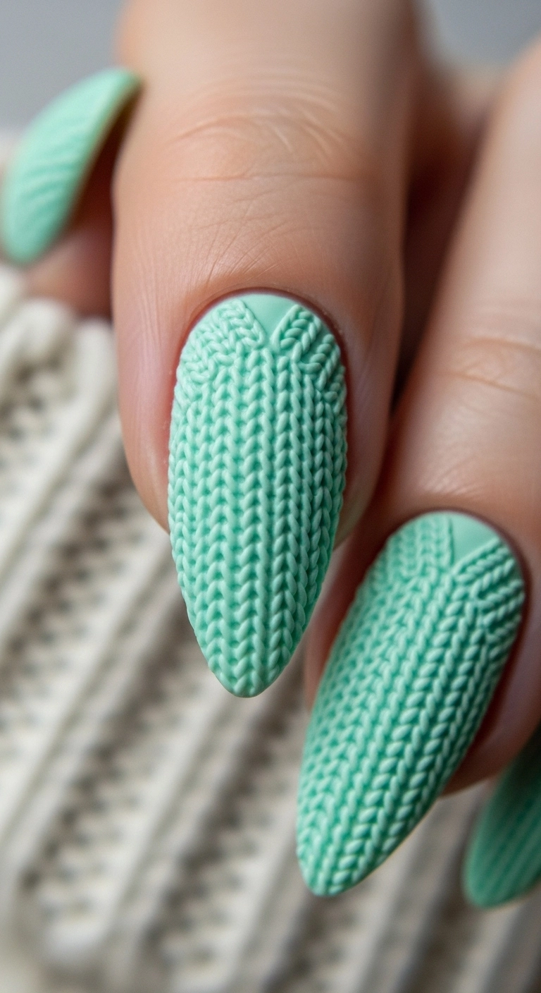 Close-up of a mint green nail with a 3D sweater knit texture