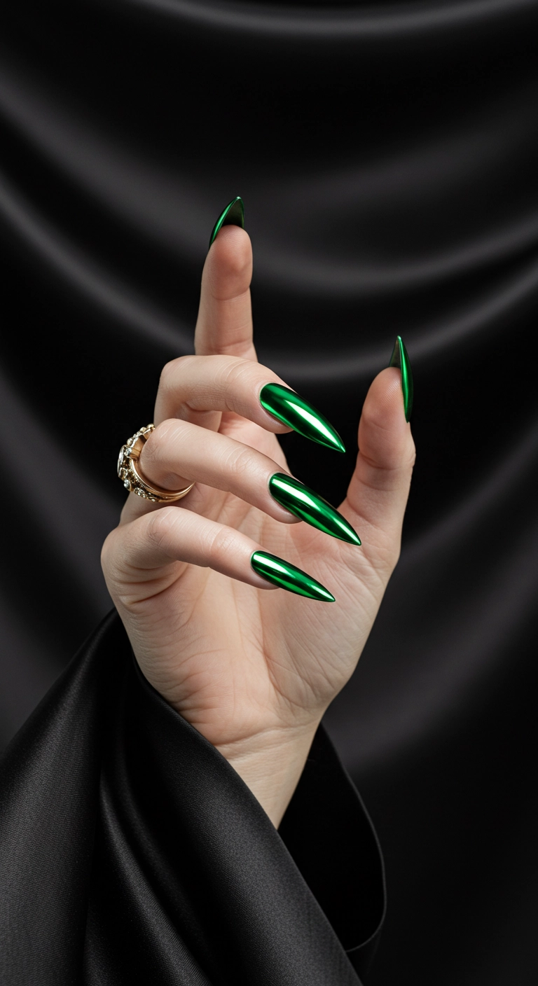 Long stiletto nails with a reflective green chrome finish