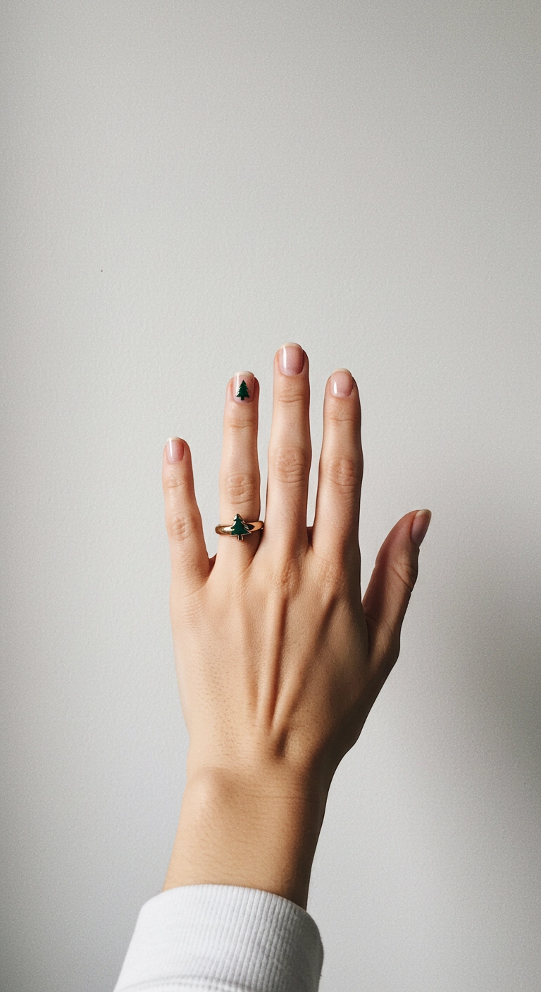 Minimalist nail art with a tiny green Christmas tree on a nude base