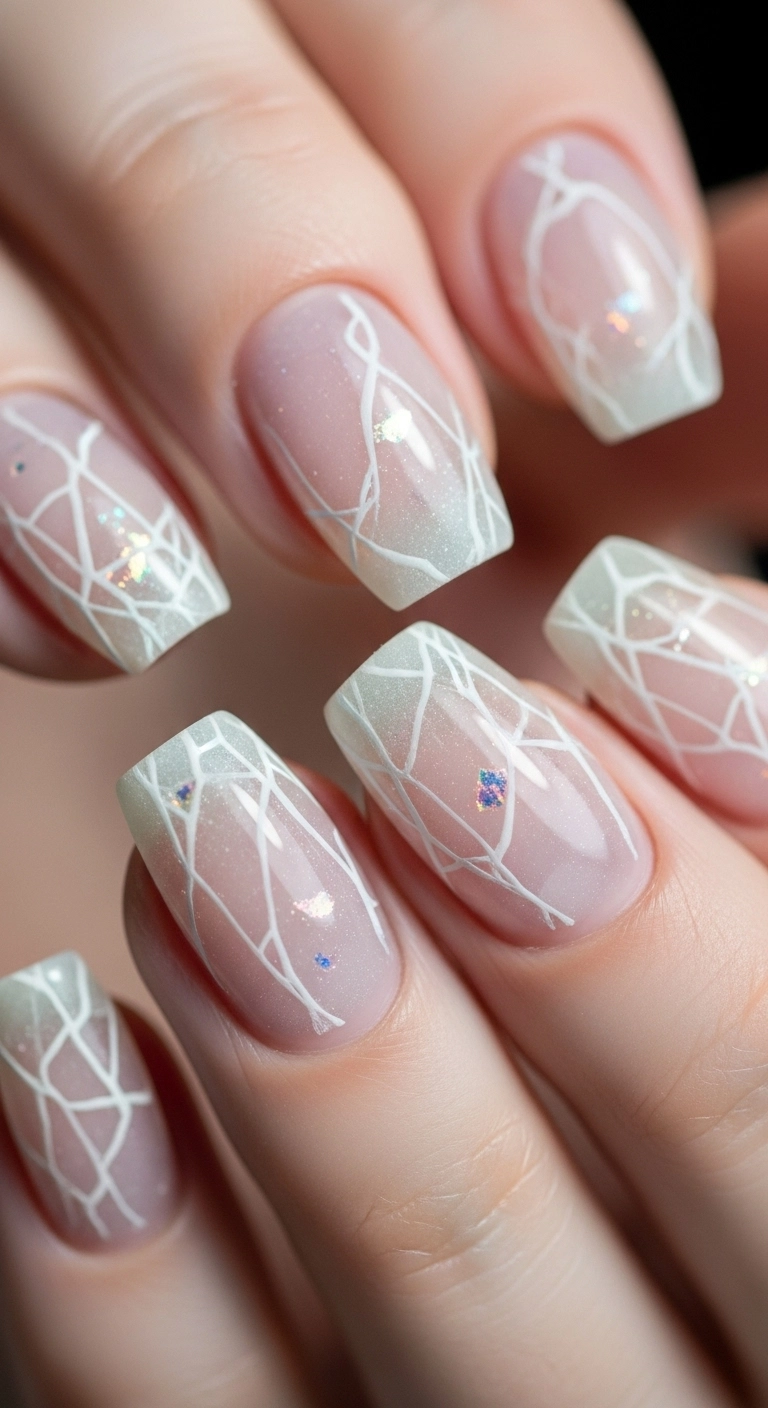 Delicate frosted windowpane effect on nails with a matte finish and white icy lines.