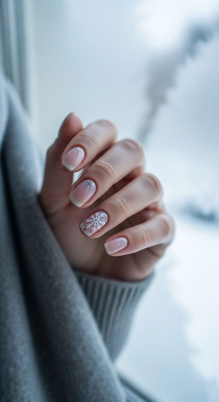 Minimalist christmas nails with a sheer nude base and a single white snowflake accent.