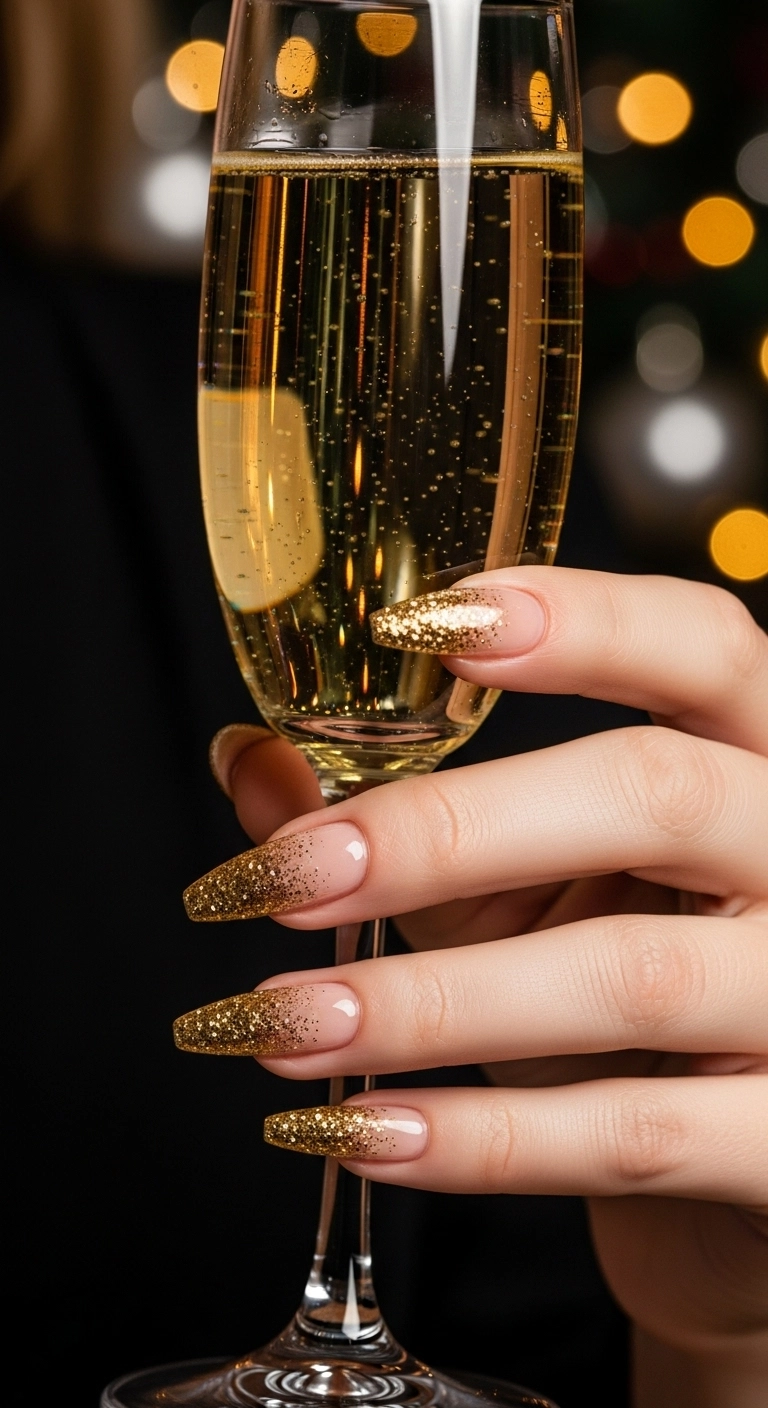 Glamorous gold glitter ombré christmas nails on stiletto-shaped nails.