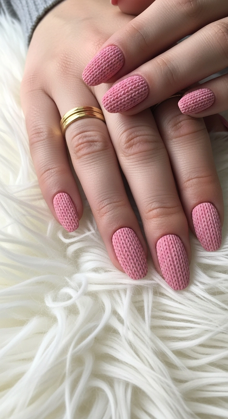 Close-up of 3D sweater-knit textured christmas nails in a dusty rose color.