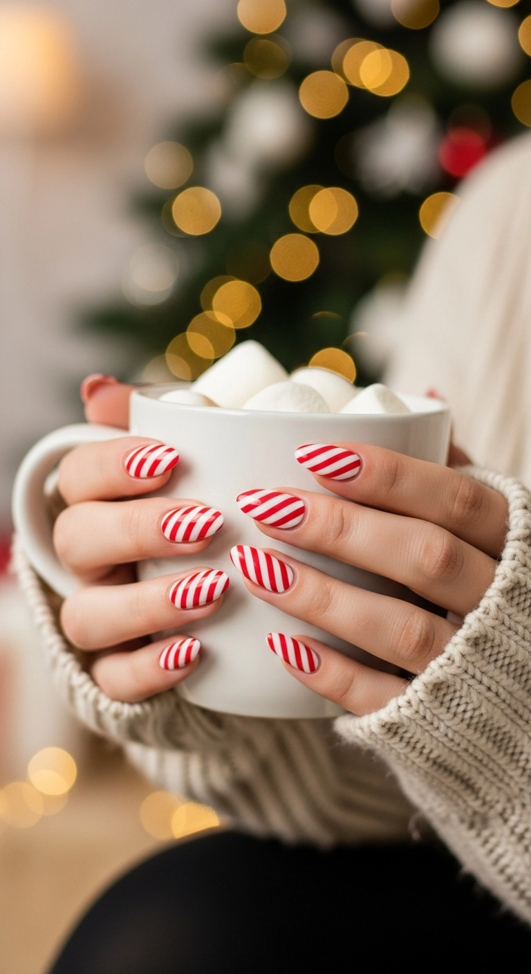 Close-up of hands with candy cane striped christmas nails holding a mug of hot chocolate.