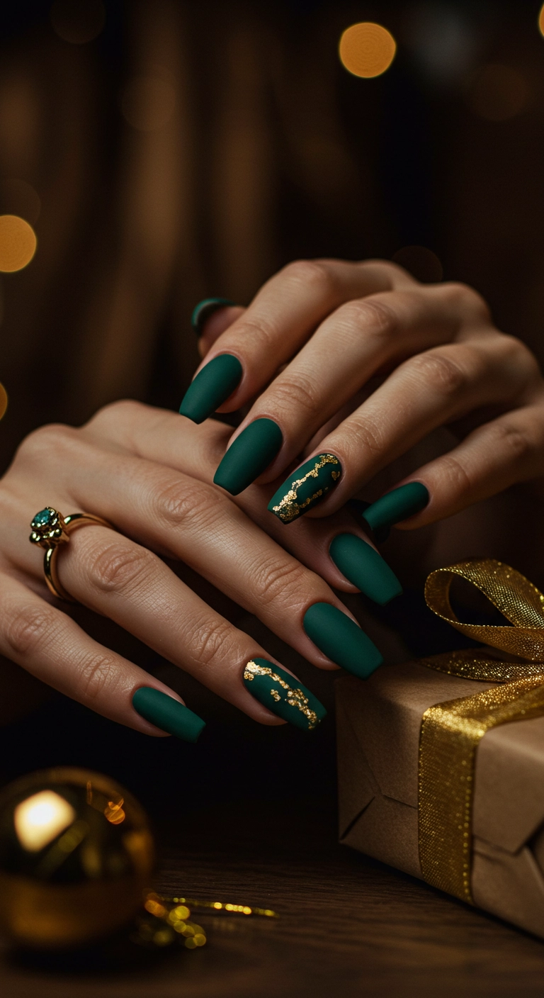 Elegant emerald green christmas nails with gold foil accents.