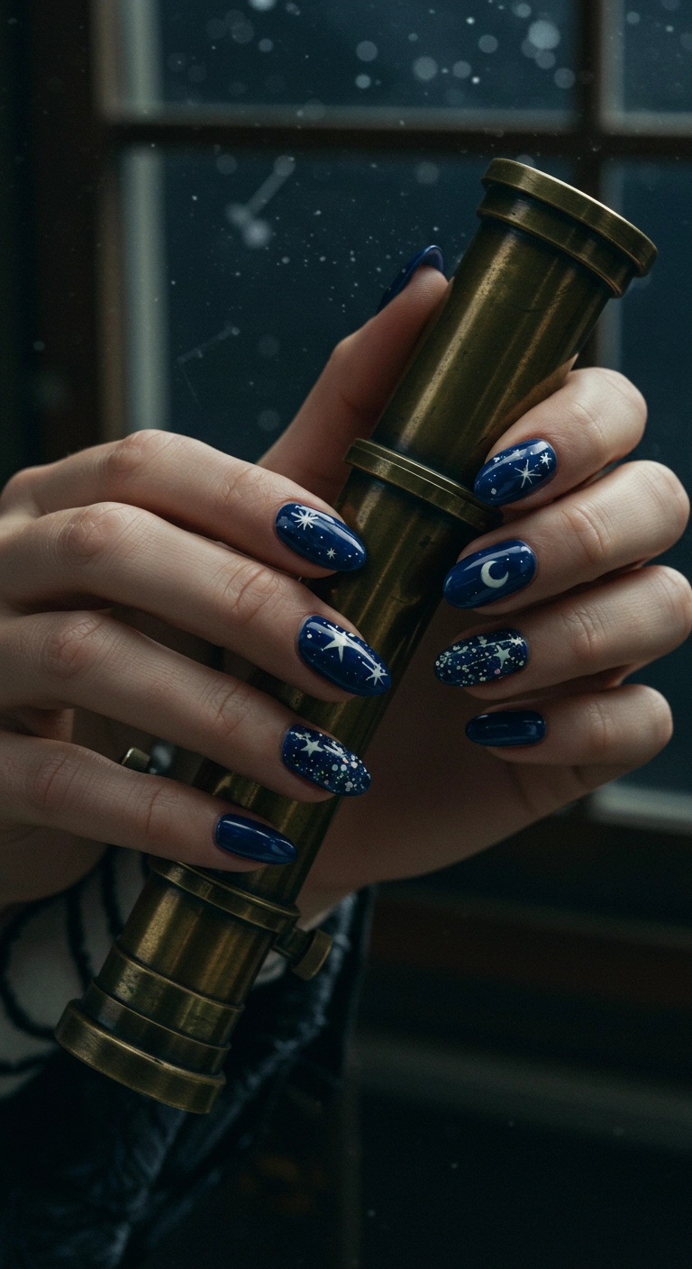 Deep navy blue christmas nails with tiny silver stars and a crescent moon, depicting a starry night.