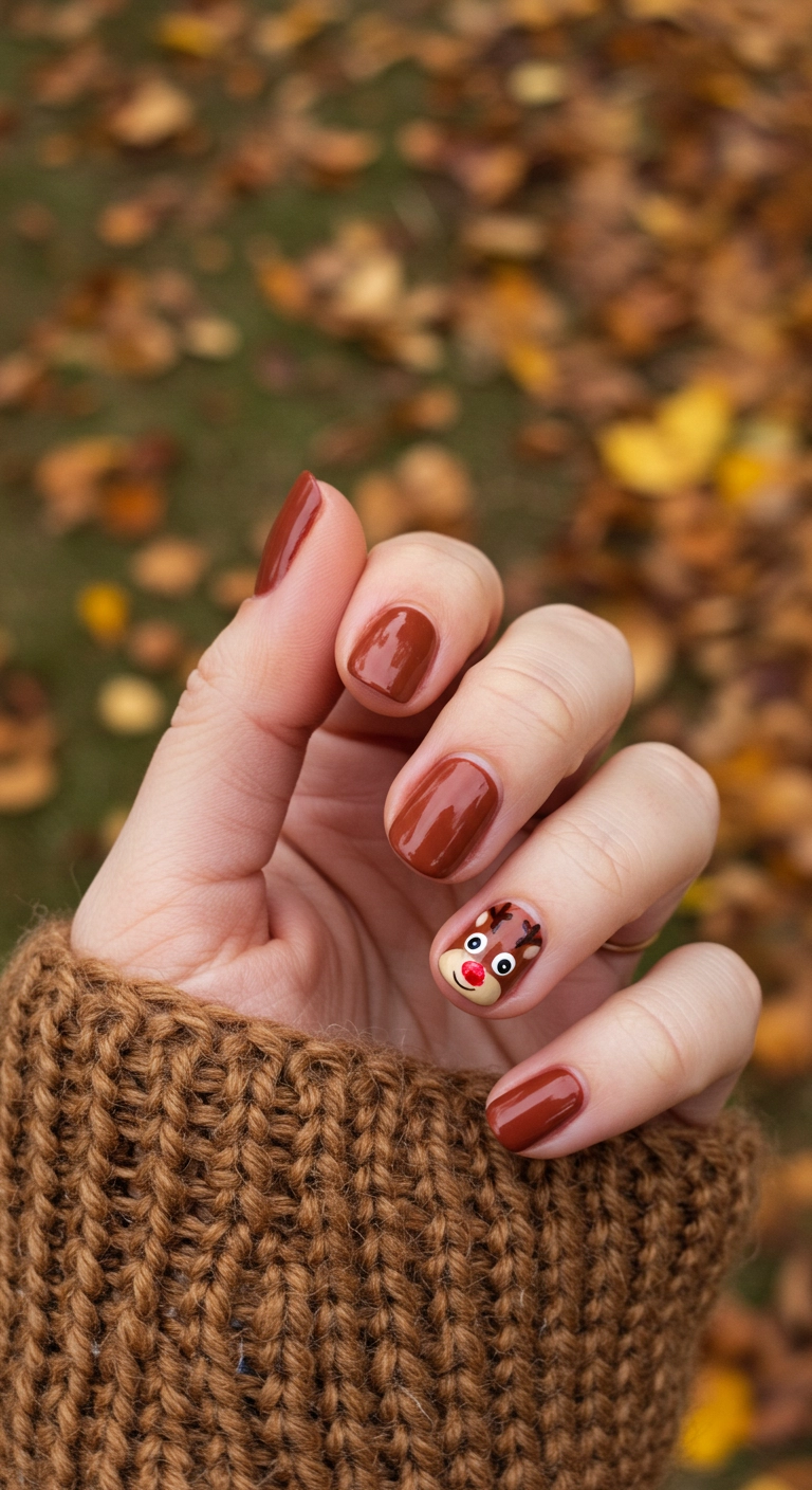 Cute Rudolph the Red-Nosed Reindeer accent nail with a sparkly red nose.