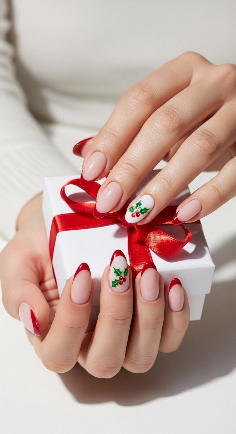 Modern French manicure with red tips and a small holly accent for a festive christmas nail look.