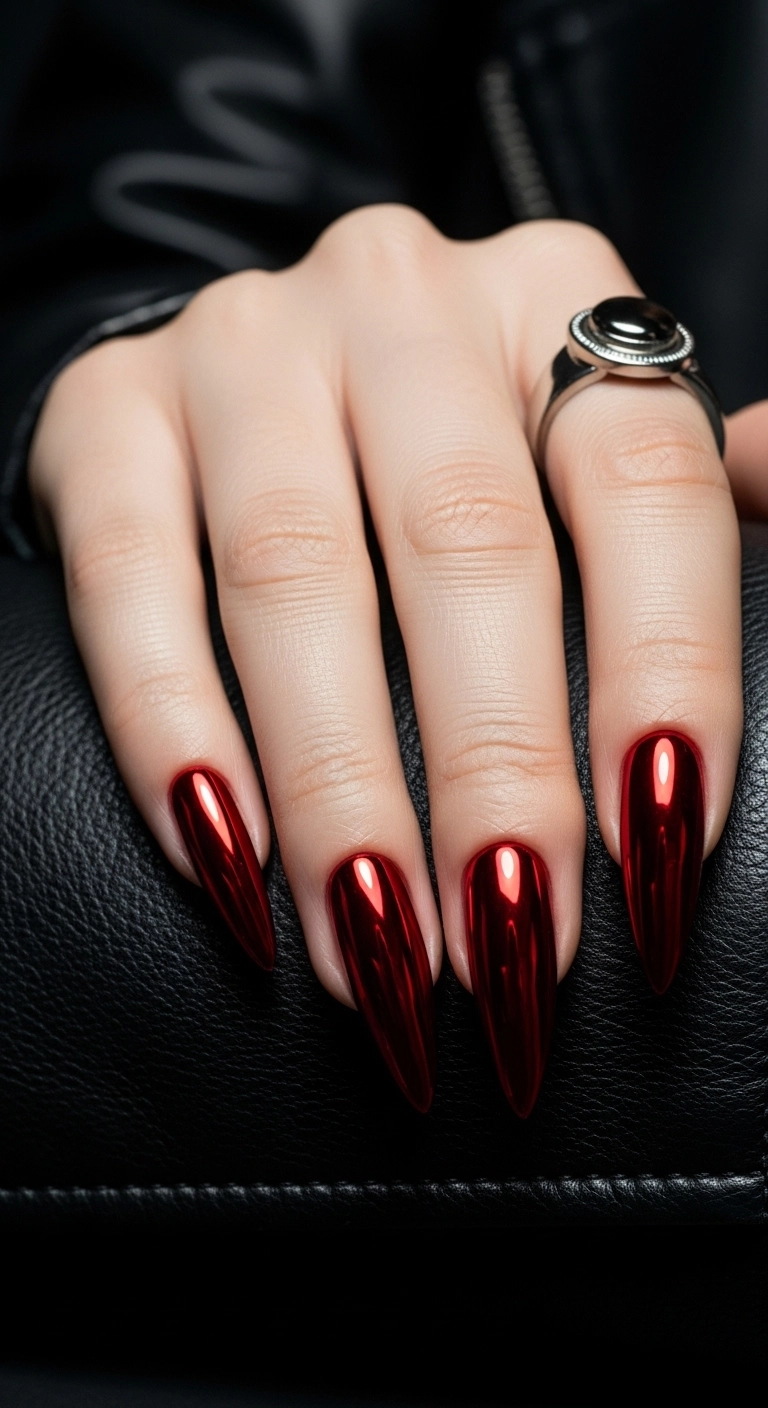 Bold and reflective chrome red christmas nails on long stiletto nails.