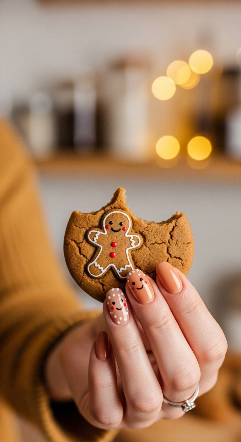 Cute christmas nails with a nude base and a hand-painted gingerbread man accent.