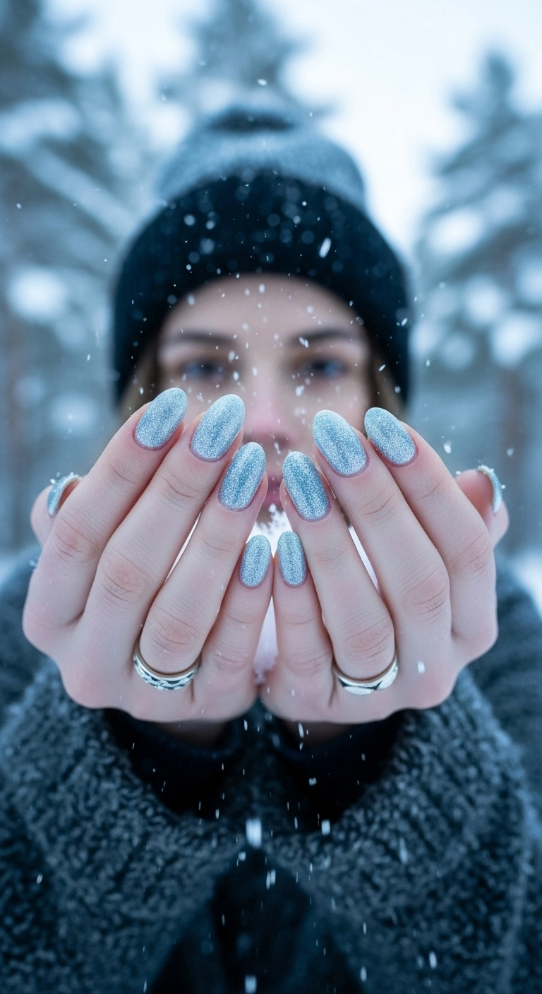 Shimmering icy blue christmas nails with a silver glitter overlay, evoking a winter wonderland.