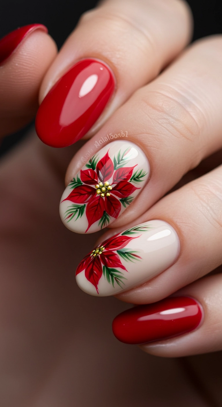 Red nails with a stunning, hand-painted poinsettia on an off-white accent nail.