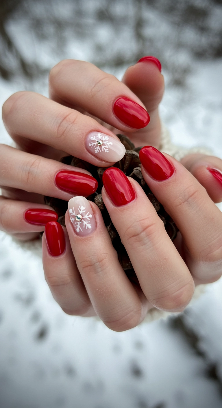 Short red nails with a delicate, hand-painted white snowflake on an accent nail.