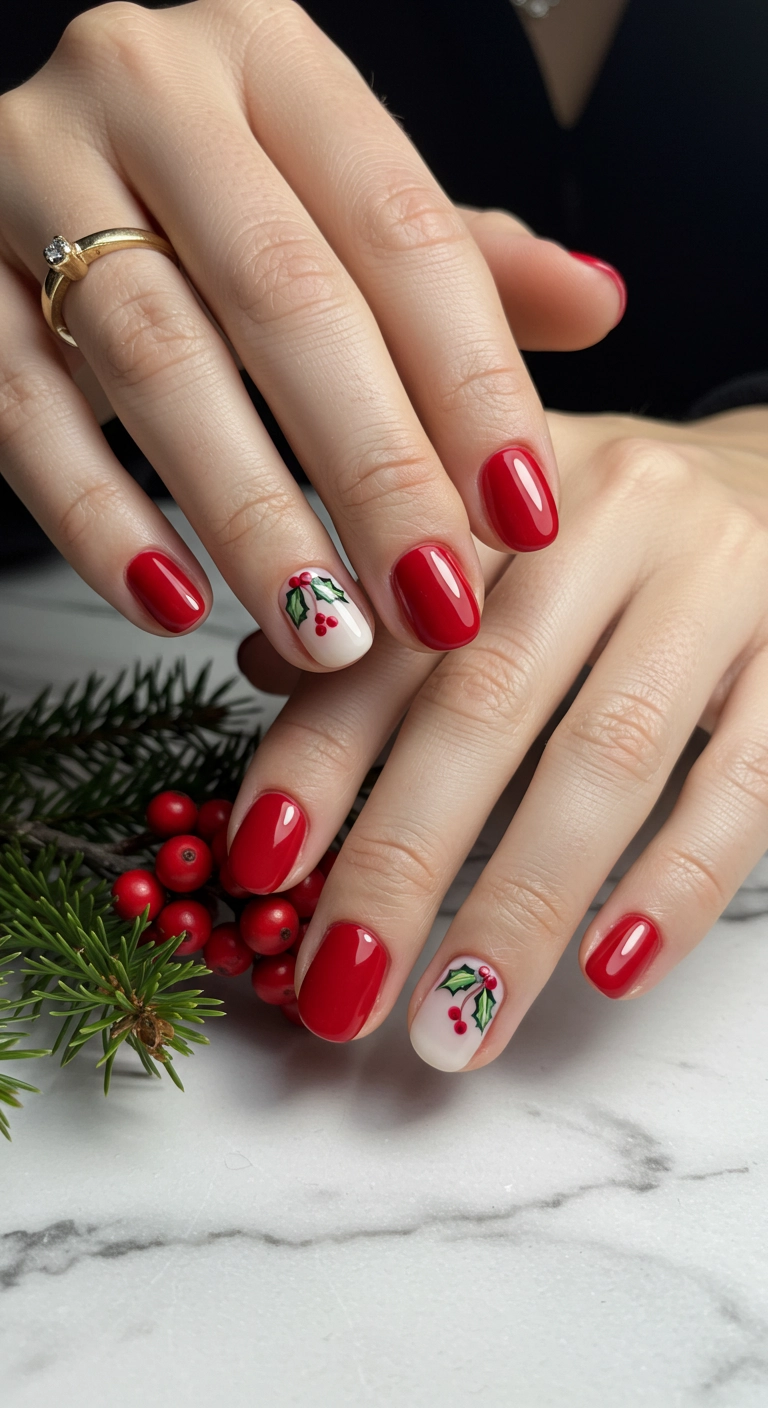 Glossy red nails with a minimalist accent of a holly berry design near the cuticle.