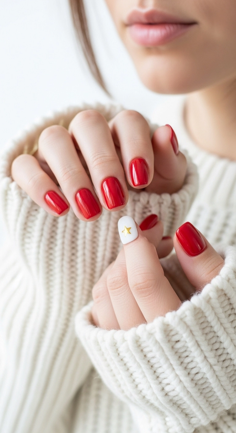 Short, glossy red nails with a single tiny gold star decal on the thumb for a minimalist look.