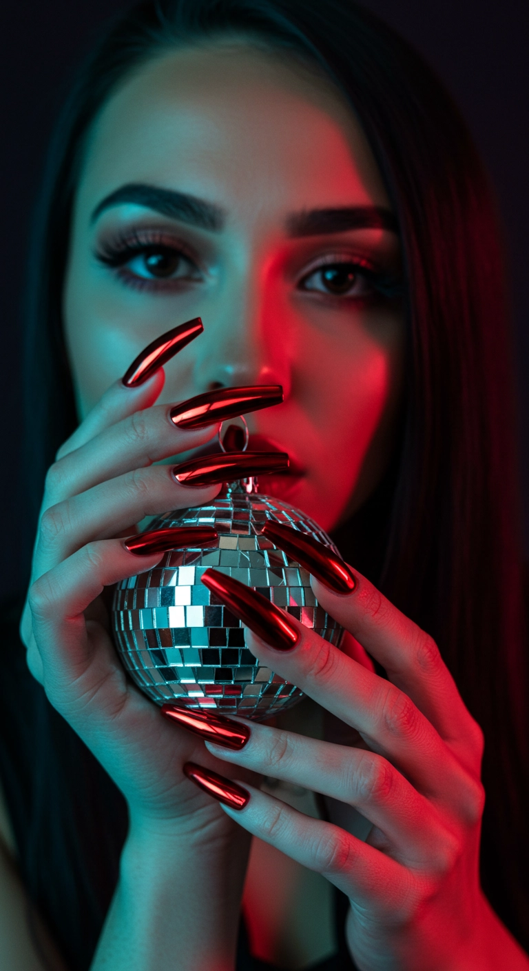 Long coffin nails with a futuristic and highly reflective scarlet chrome finish.