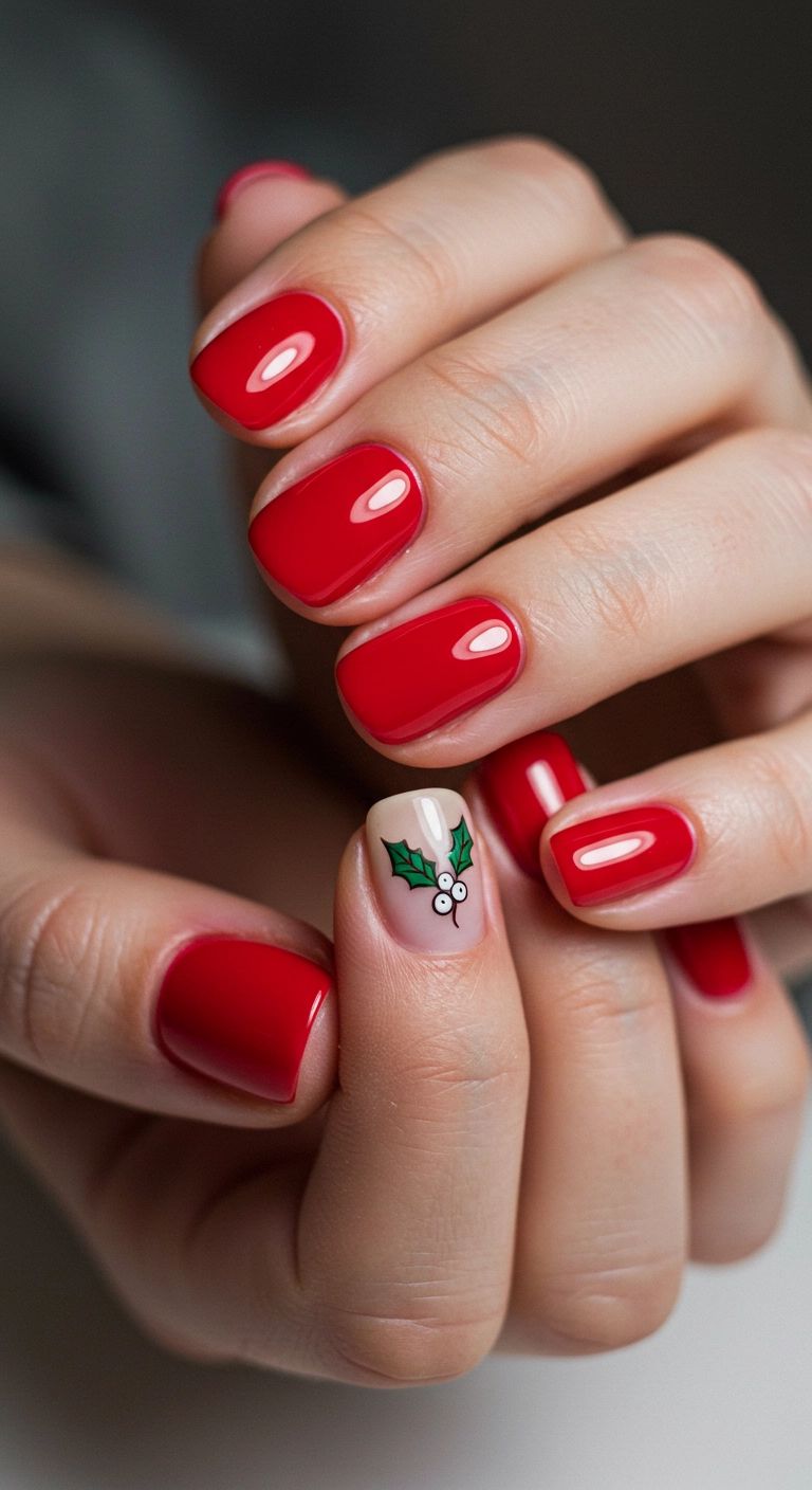 Short, glossy red nails with a tiny, minimalist mistletoe design on the thumb.