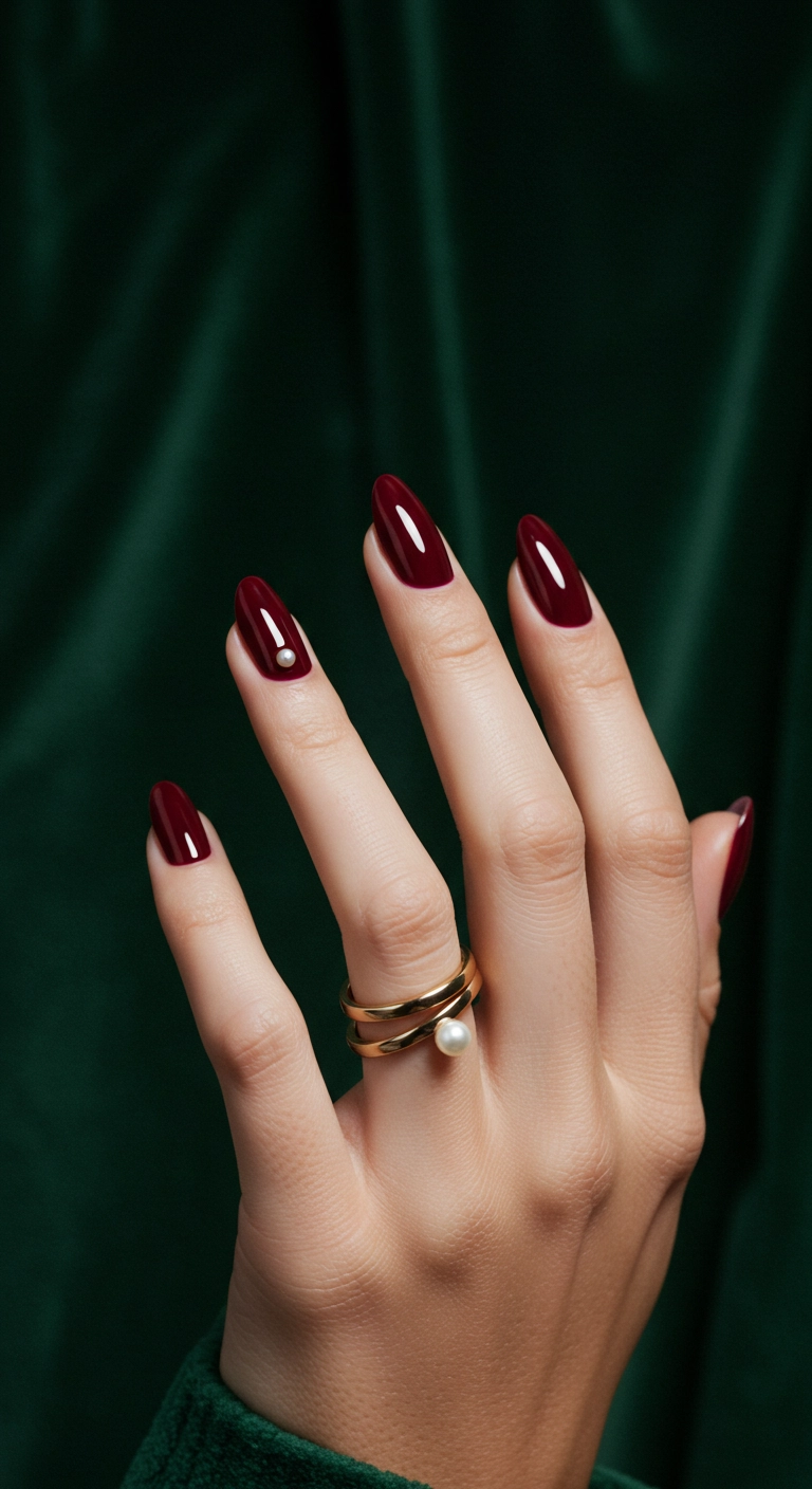 Elegant almond-shaped nails in a deep burgundy red with a single pearl accent at the cuticle.