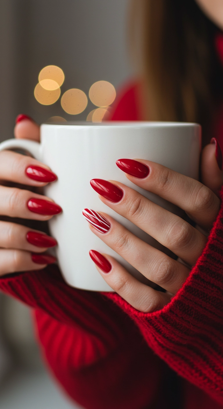 Close-up of almond-shaped nails with red polish and a candy cane striped accent nail.