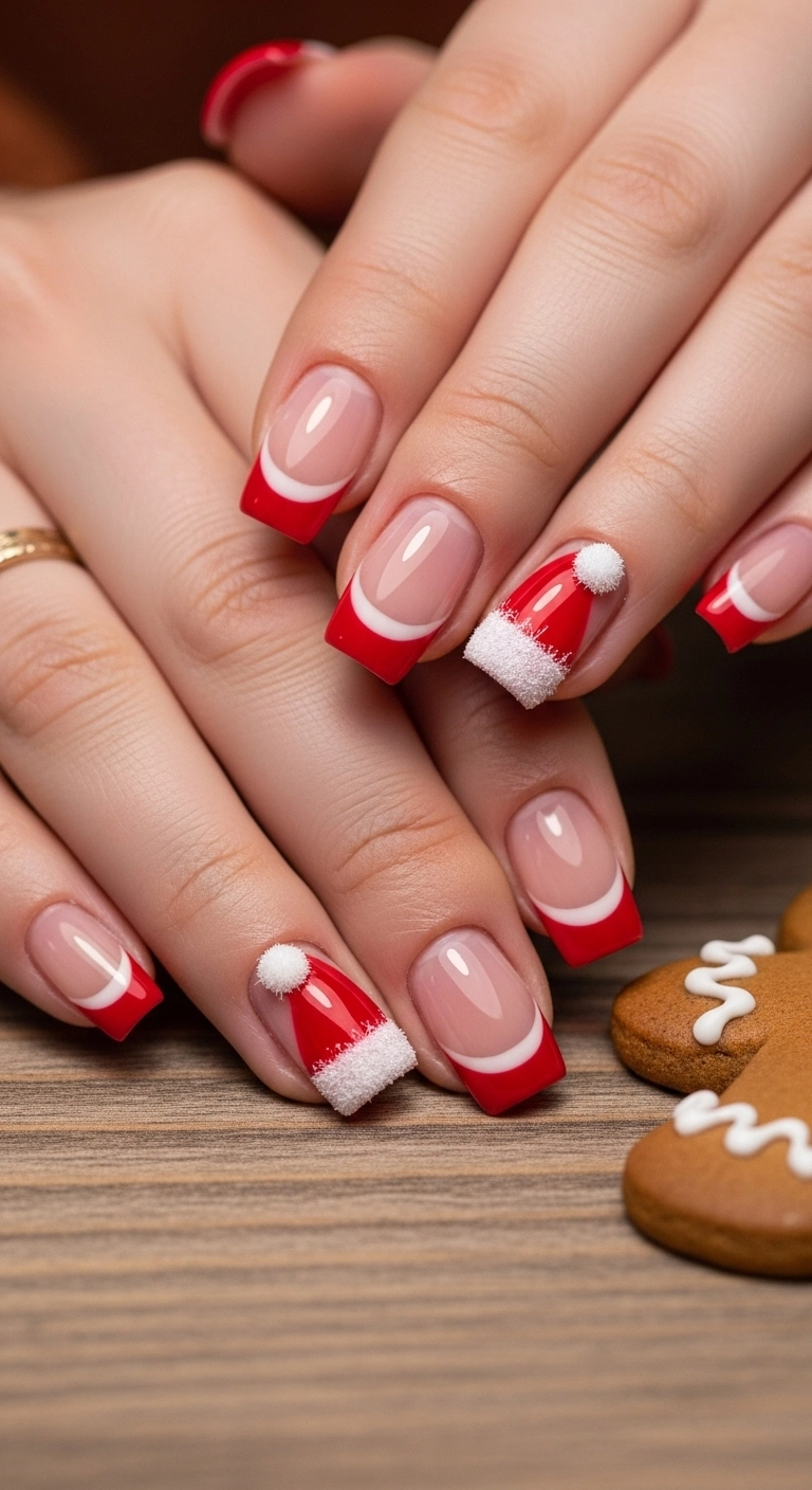 Square nails featuring a creative French manicure designed to look like Santa hats.