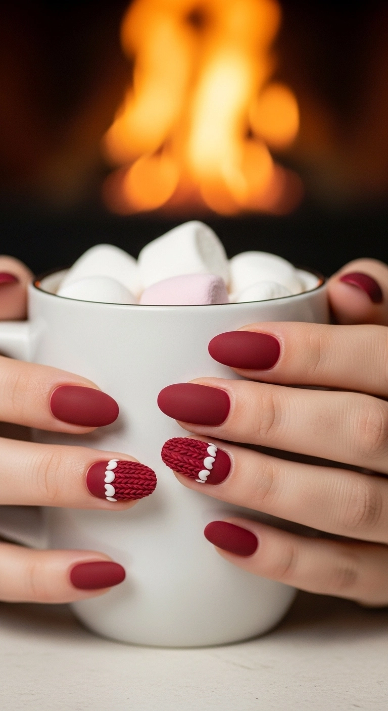 Matte red nails with a textured 3D accent nail that mimics a cozy sweater knit pattern.
