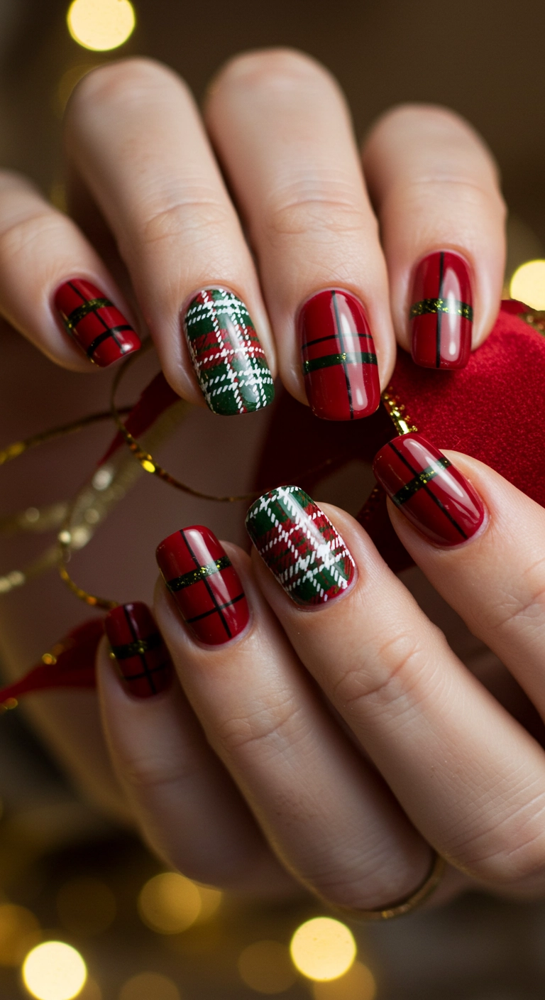 Squoval nails with a detailed and festive red tartan plaid design.