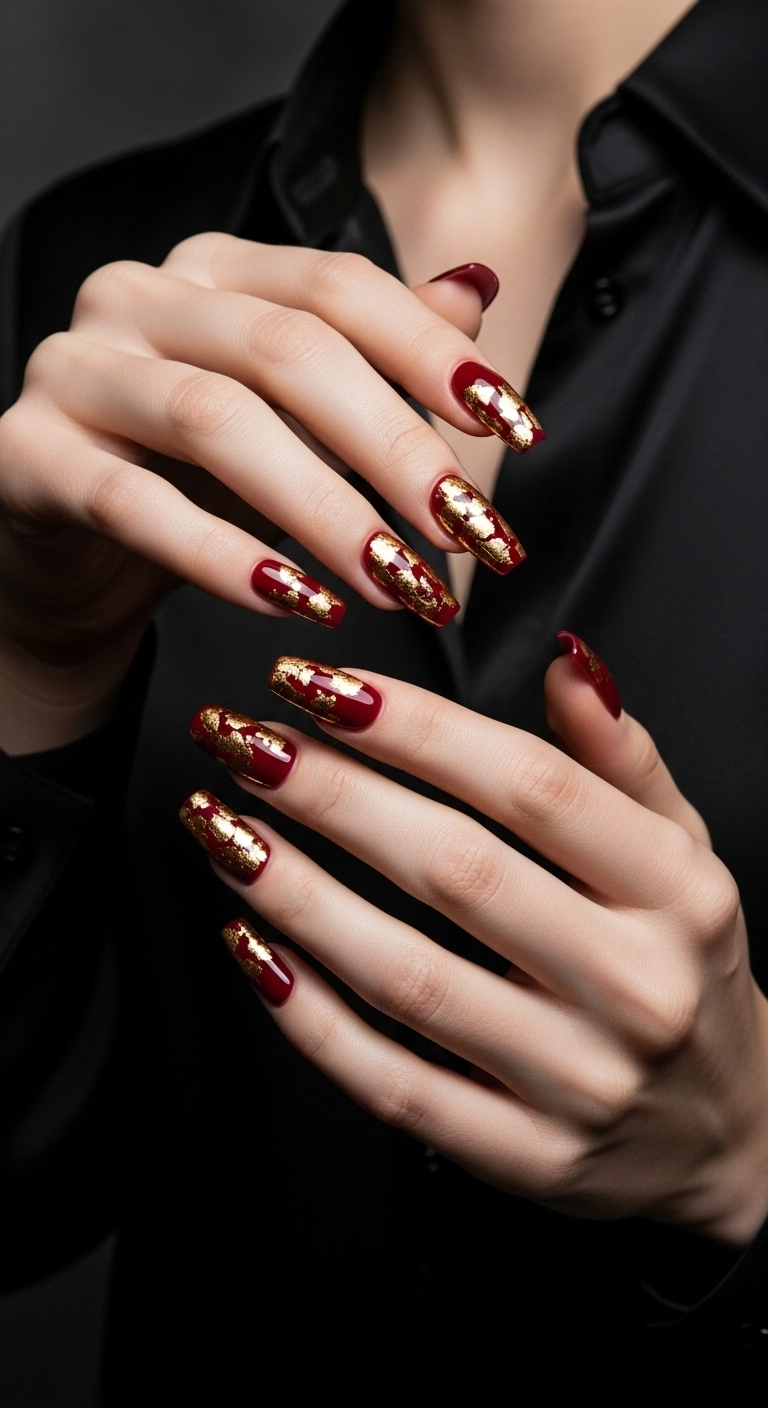 Long coffin nails in a deep cranberry red, adorned with elegant gold foil flecks.