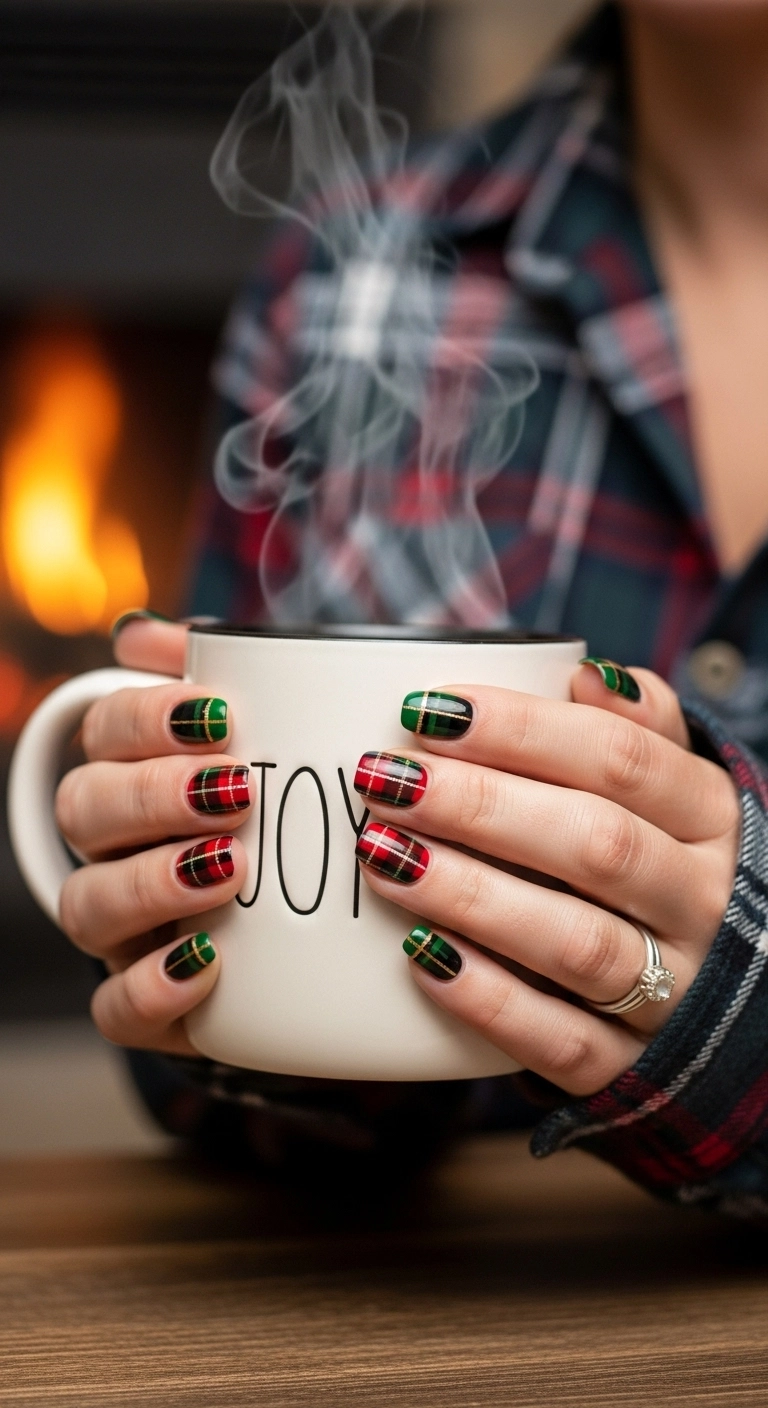 Classic red and green Christmas plaid pattern on short, squoval nails.