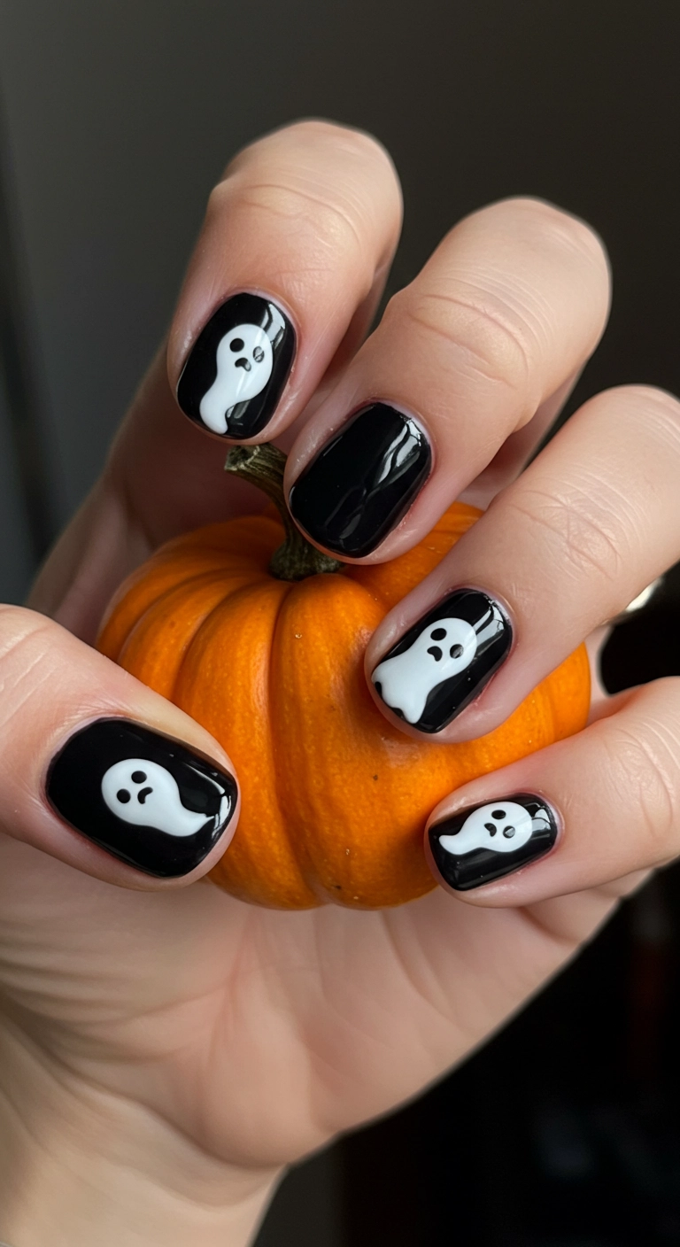 Short black nails with cute, minimalist white ghost designs on them.