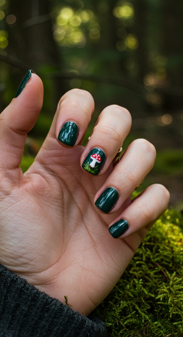 Short green nails with a single, tiny, hand-painted mushroom on the ring finger.