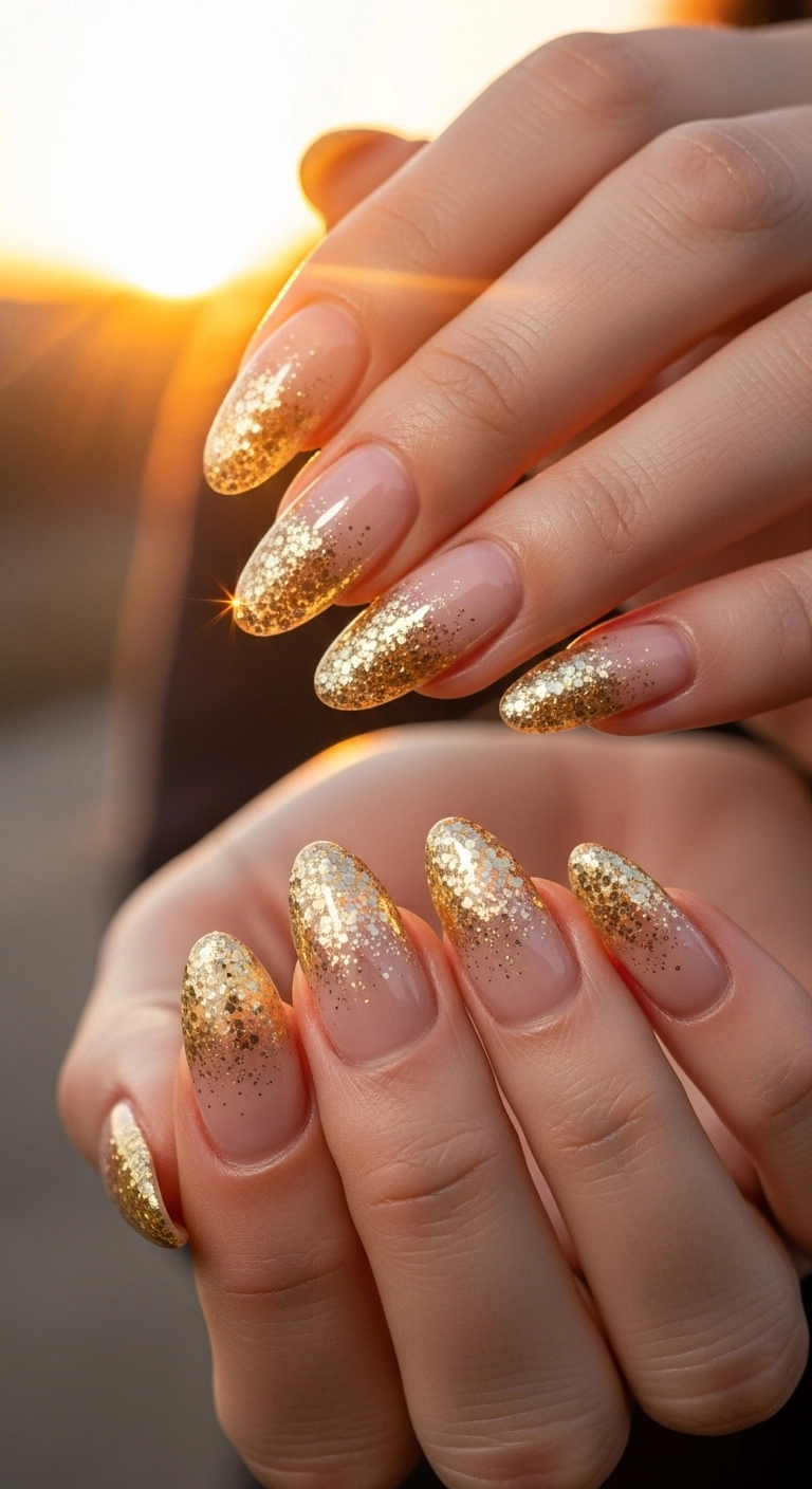 Close-up of long oval nails with a nude to gold glitter ombre effect.