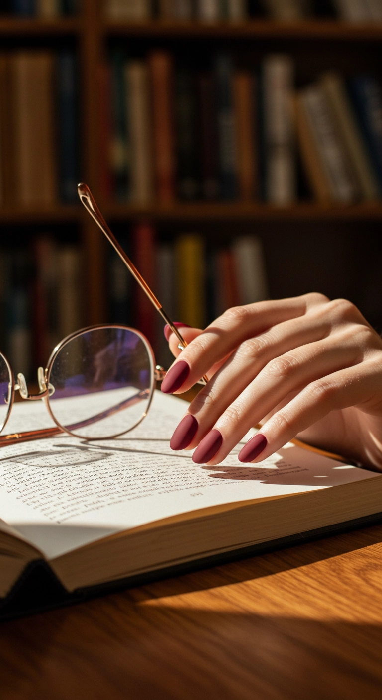 A woman's hands with sophisticated matte burgundy nails resting on an open book.