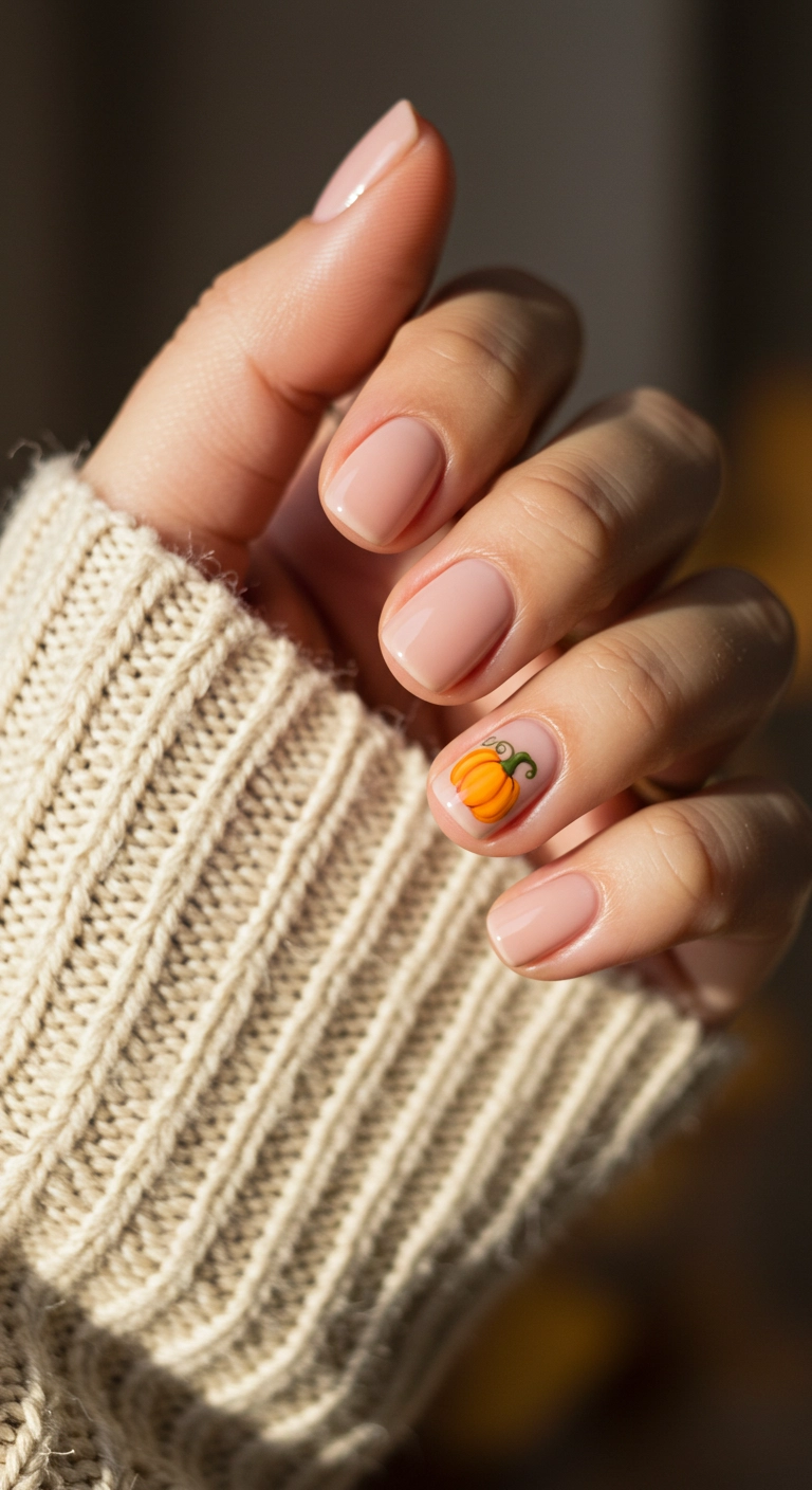 A close-up of a hand with nude nails and a cute pumpkin design on the ring finger.
