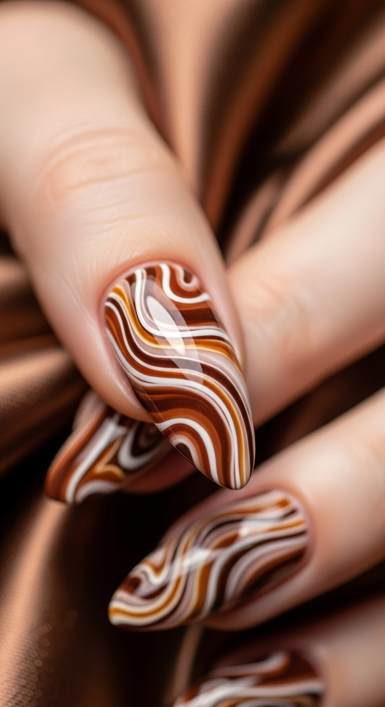 A close-up of an almond nail with an abstract swirl design in cinnamon, cream, and caramel colors.