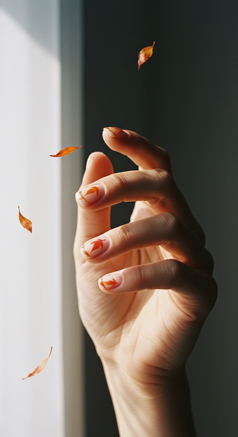 Short milky white nails decorated with delicate, falling autumn leaves in red, orange, and yellow.