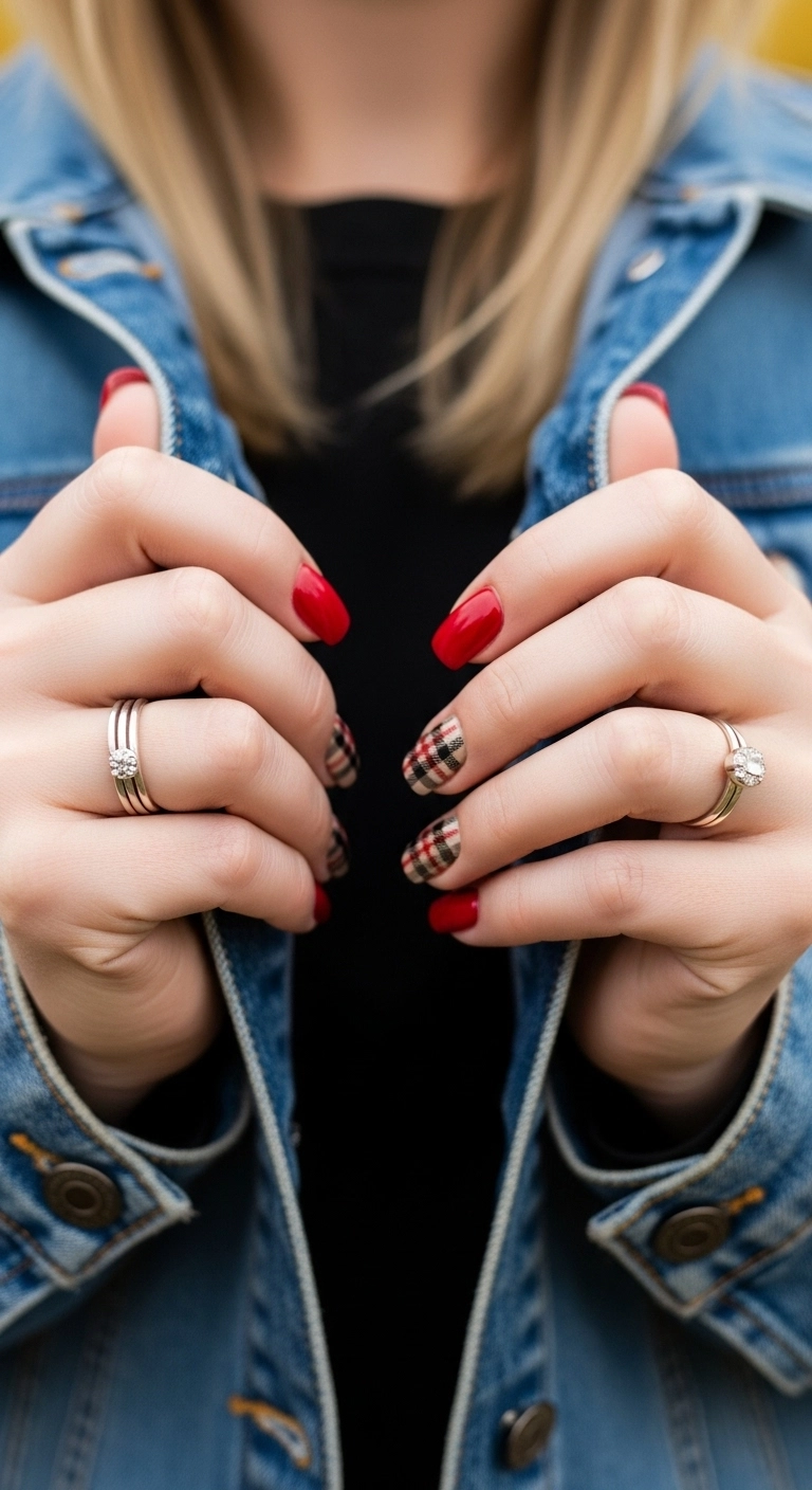 A woman's hands with short square nails, featuring red and plaid accent nail designs.