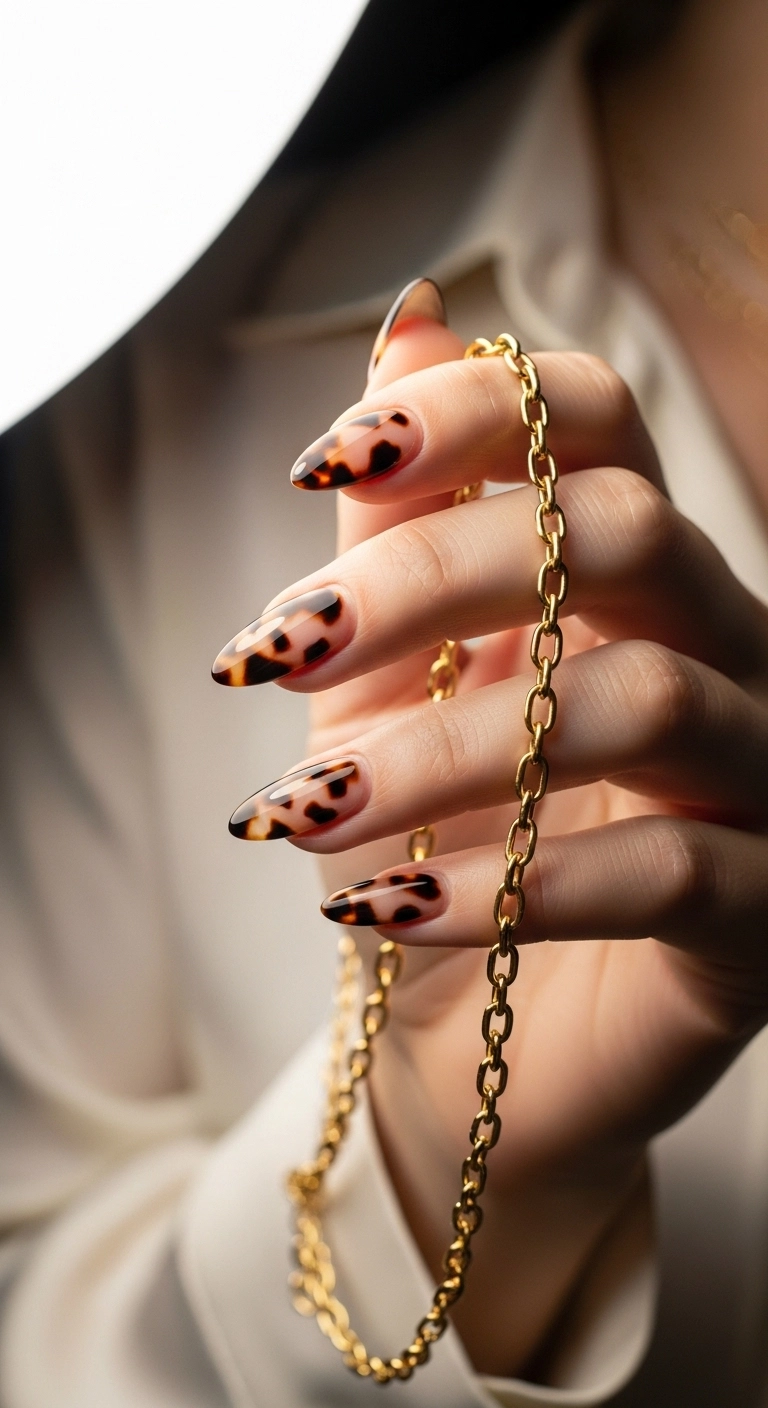 A close-up shot of chic almond-shaped nails with a classic tortoiseshell pattern.