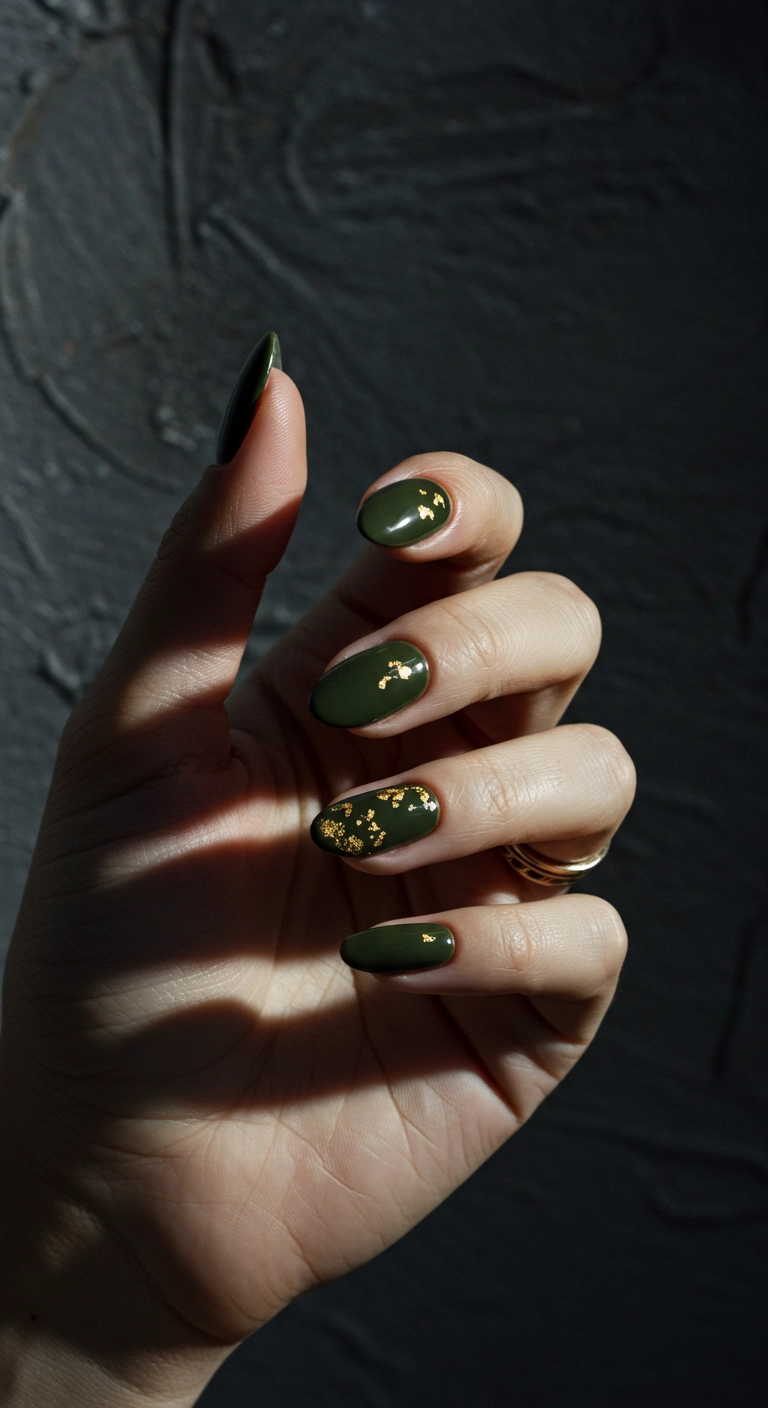 Elegant oval nails in a deep olive green color, accented with delicate gold flakes.