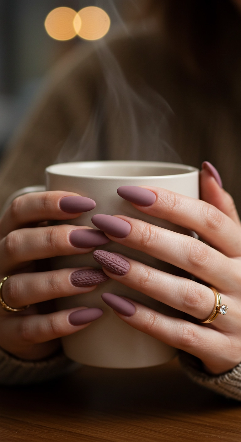 A woman's hands with matte pink nails featuring a 3D sweater-knit texture, holding a mug.