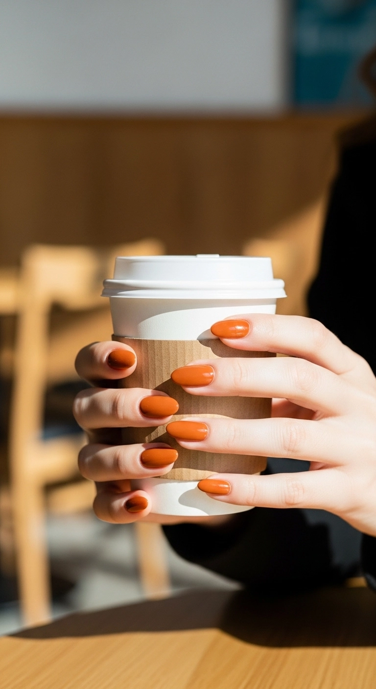 A woman's hands with creamy pumpkin orange nails holding a coffee cup.